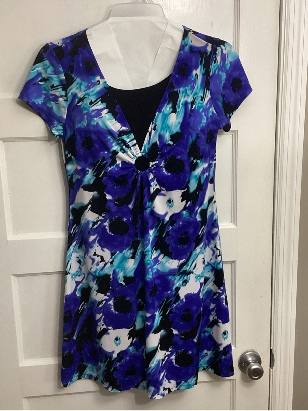 Kim Rogers Blue & Teal Floral Ring-Front Mini Dress